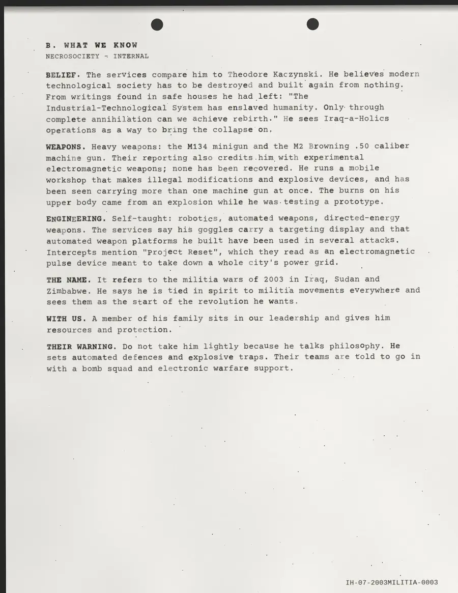 2003MILITIA, page 3 of 6: B. WHAT WE KNOW