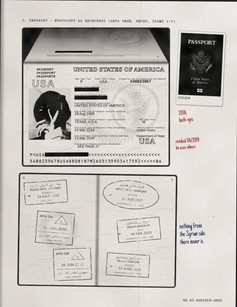 8SEEKER, pagina 5 di 18: C. PASSAPORTO - FOTOCOPIA COME RECUPERATA (PAGINA DATI, COPERTINA, PAGINE 8-9)