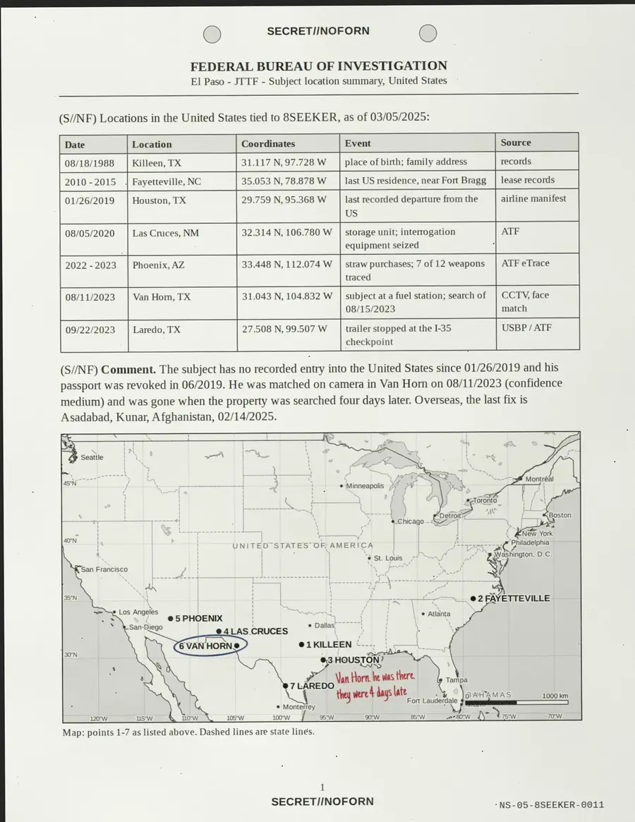 8SEEKER, pagina 11 di 18: FEDERAL BUREAU OF INVESTIGATION - El Paso - JTTF - Riepilogo dell'ubicazione del soggetto, Stati Uniti