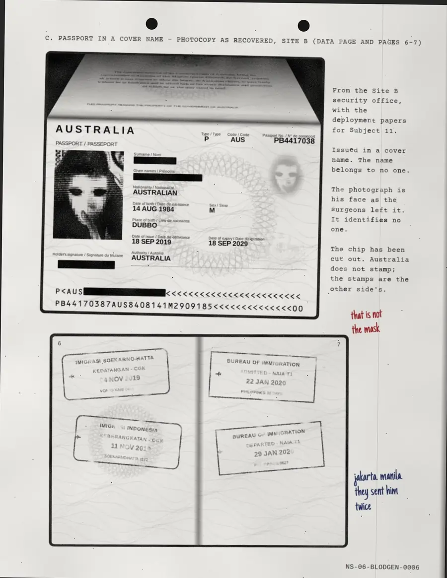 BLODGEN, Seite 6 von 17: C. REISEPASS IN EINEM DECKNAMEN – FOTOKOPIE WIE WIEDERHERGESTELLT, STANDORT B ​​(DATENSEITE UND SEITEN 6-7)