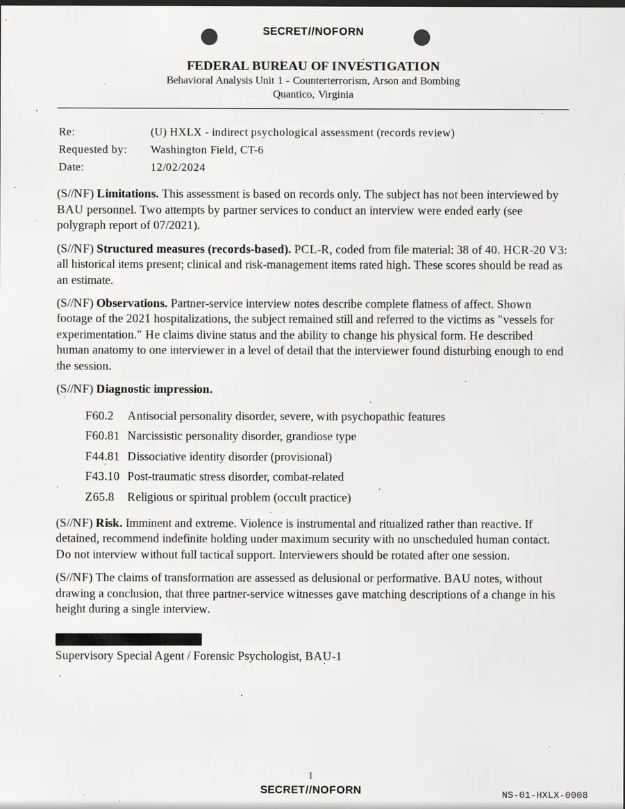 HXLX, página 8 de 17: FEDERAL BUREAU OF INVESTIGATION - Unidade de Análise Comportamental 1 - Contraterrorismo, incêndio criminoso...