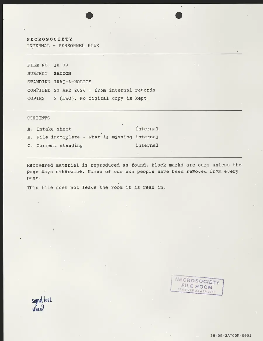 SATCOM, halaman 1 dari 4: NECROSOCIETY - INTERNAL - FILE PERSONIL