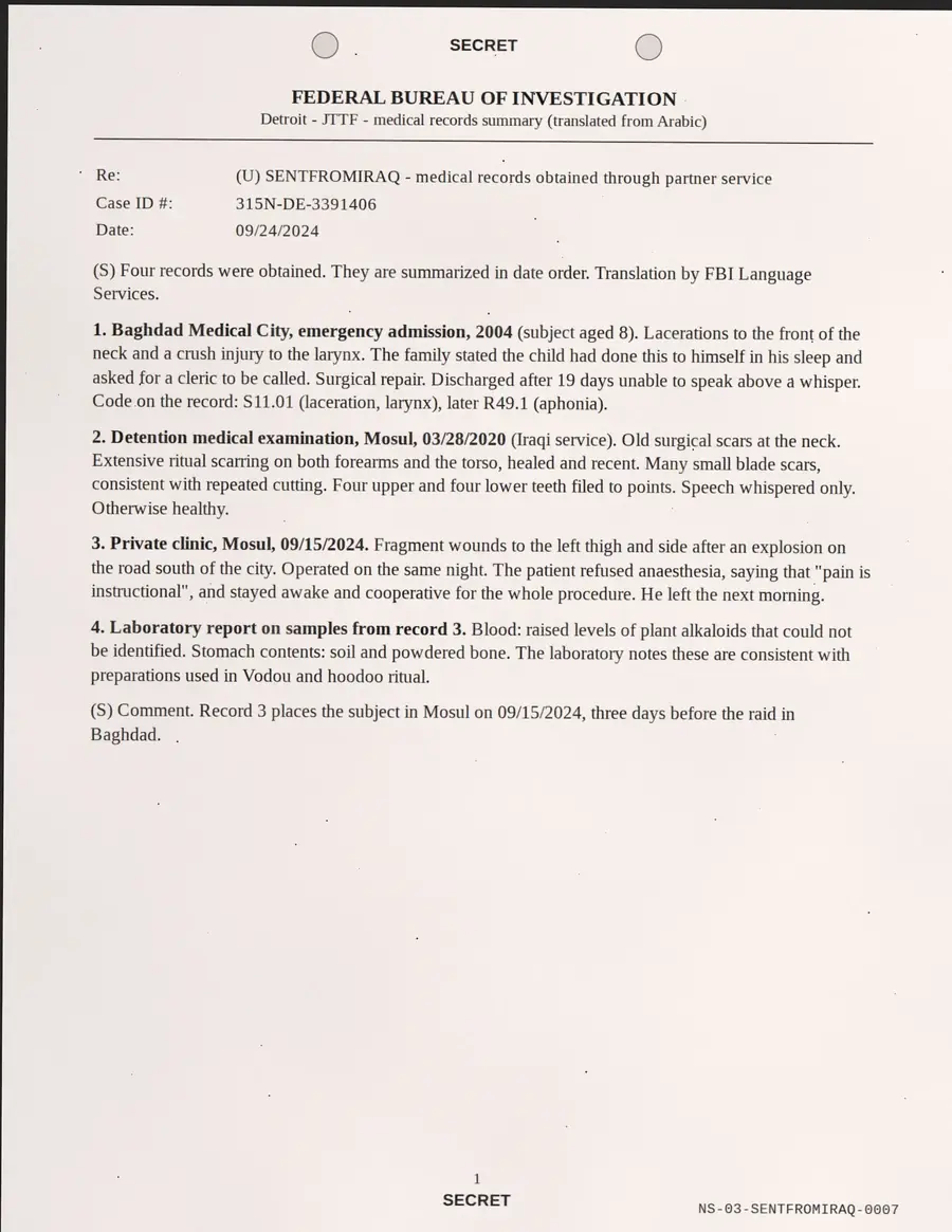 SENTFROMIRAQ, sayfa 7 / 17: FEDERAL SORUŞTURMA BÜROSU - Detroit - JTTF - tıbbi kayıt özeti (çevrildi...