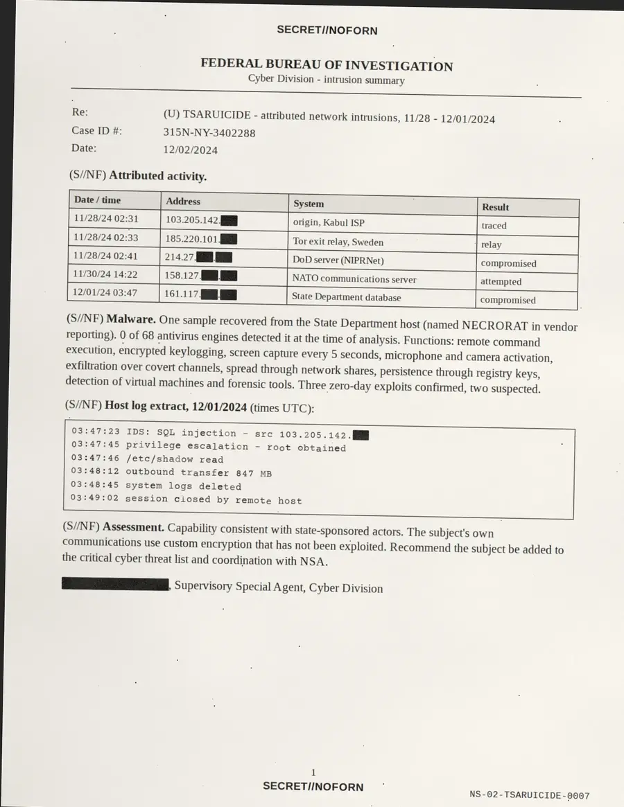 TSARUICIDE, página 7 de 18: FEDERAL BUREAU OF INVESTIGATION - Divisão Cibernética - resumo de intrusão