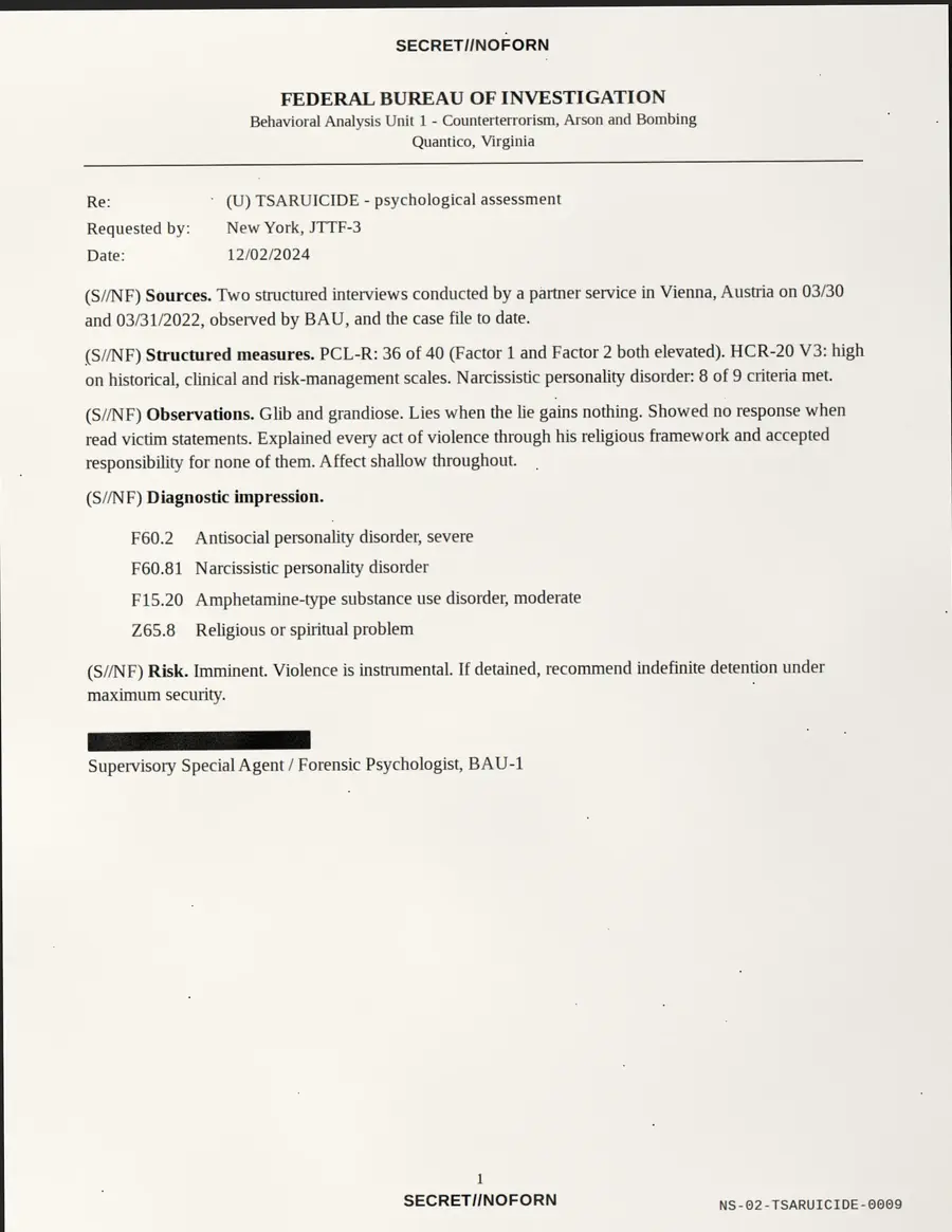 TSARUICIDE, página 9 de 18: FEDERAL BUREAU OF INVESTIGATION - Unidade de Análise Comportamental 1 - Contraterrorismo, incêndio criminoso...