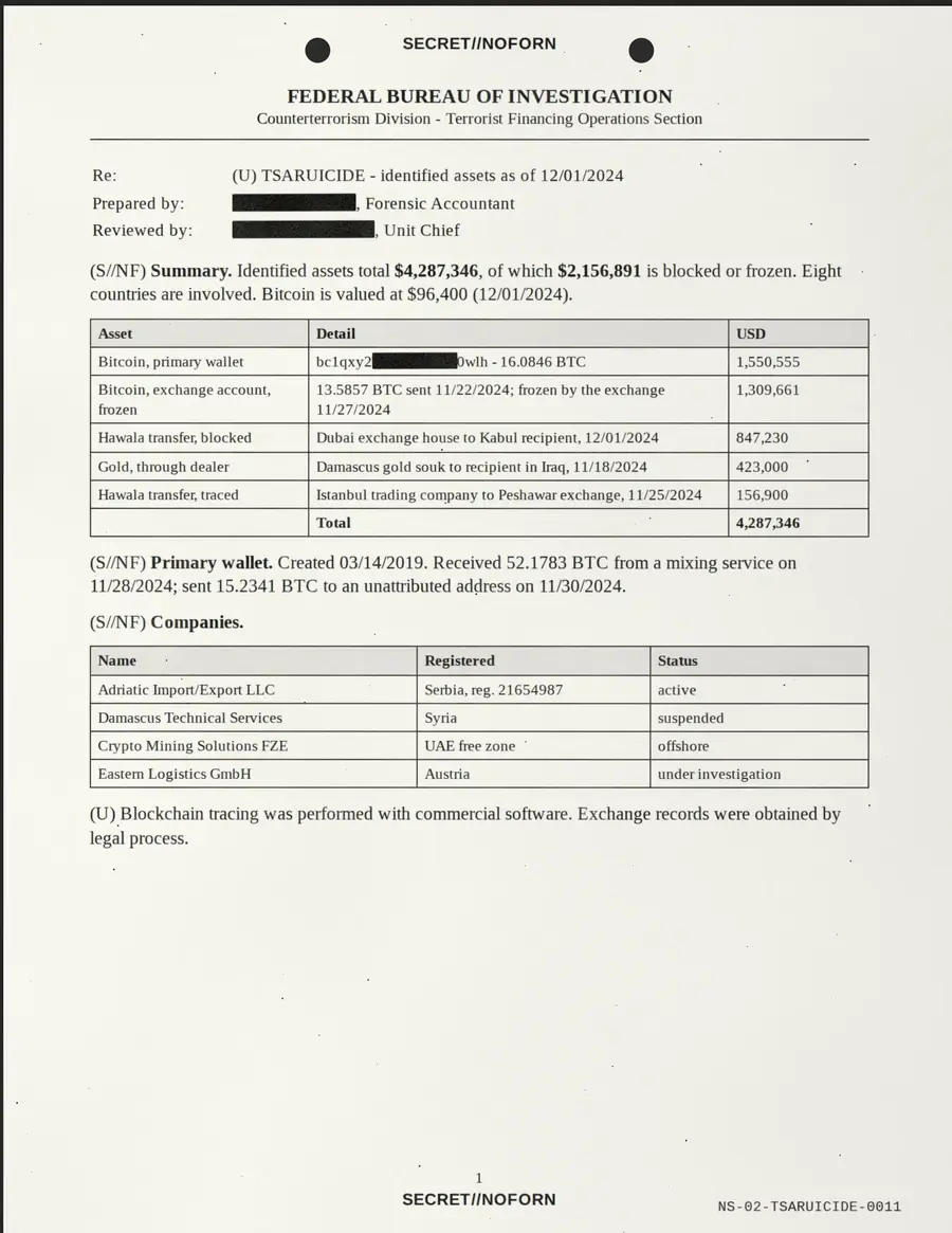 TSARUICIDE, página 11 de 18: ESCRITÓRIO FEDERAL DE INVESTIGAÇÃO - Divisão de Contraterrorismo - Financiamento do Terrorismo...