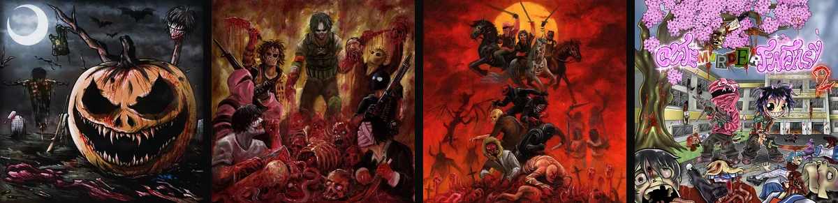 Cuatro portadas de necrotrap: BRAIN3AT3R ANTH3M, el álbum NECROSOCIETY, NAZGÛL y CUTE MURDER FANTASY 2